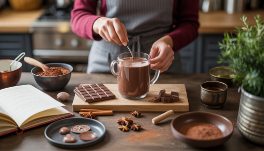 A person making gourmet hot chocolate with dark chocolate and spices in a kitchen, alongside various ingredients and a recipe book.