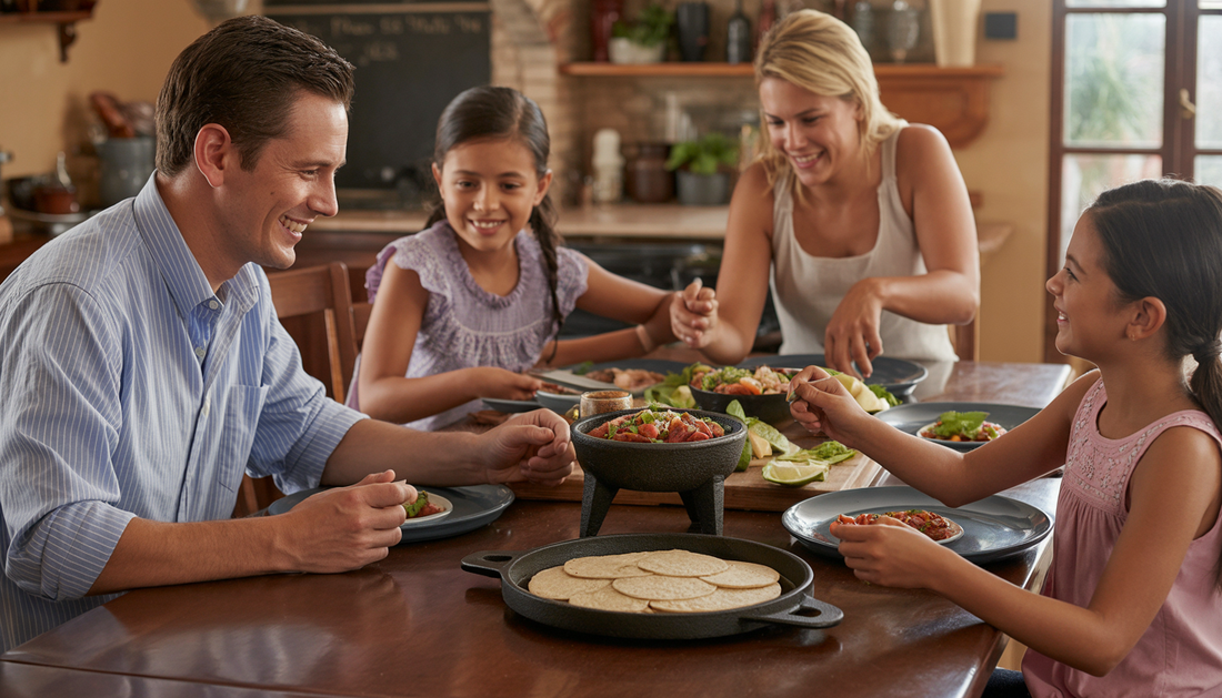 A family enjoying a meal around a table, featuring food made with a tortilla press and molcajete.