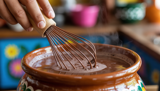 Close-up of a hand frothing hot chocolate with a molinillo whisk in a clay pot, steam rising, in a colorful Mexican kitchen setting.
