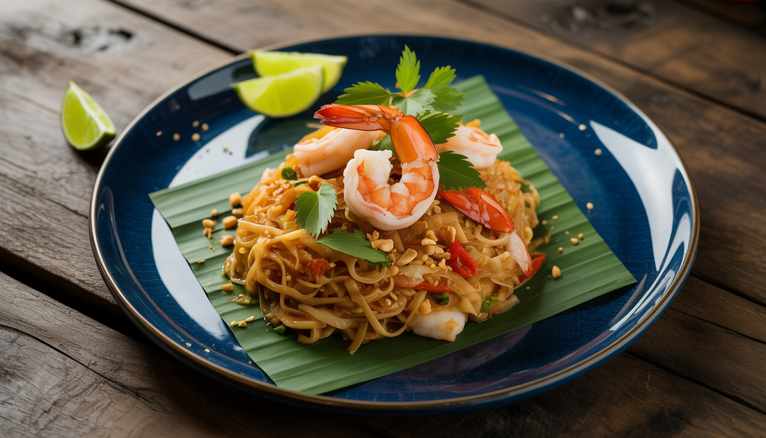 Beautifully plated Pad Thai with shrimp, lime wedges, and crushed peanuts on a rustic wooden table, highlighting rich colors and textures.