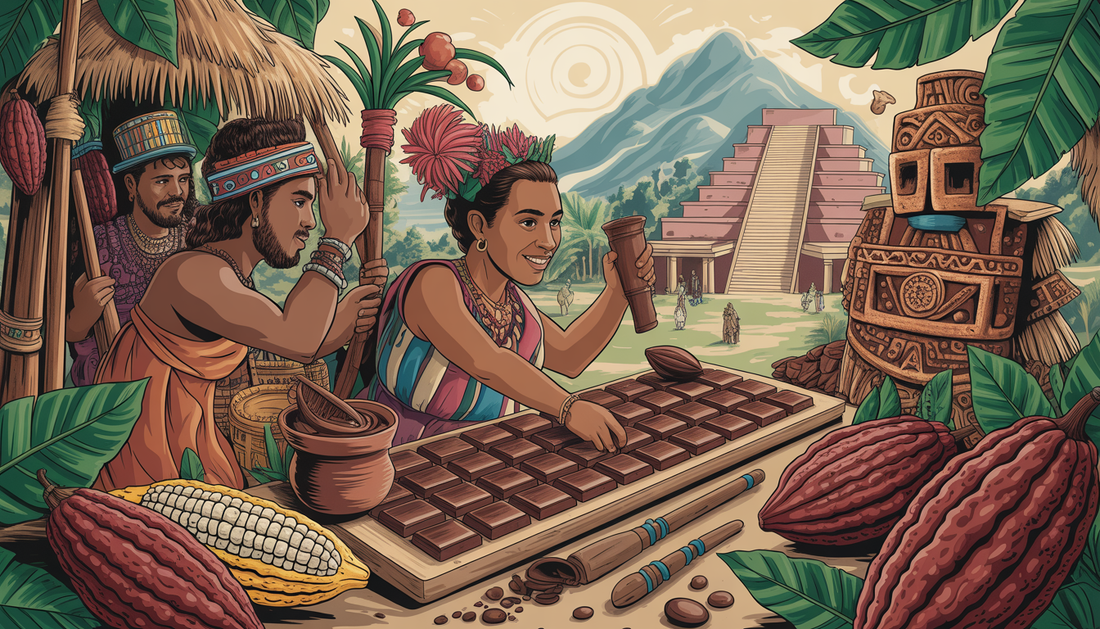 Illustration of ancient Mayans and Aztecs with cacao pods and chocolate-making tools, depicting the history of chocolate in Mexico.