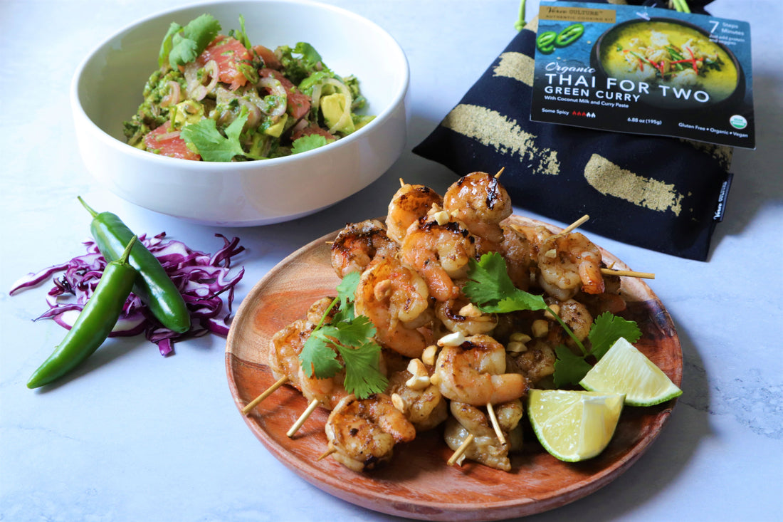 Aromatic Green Curry Shrimp Skewers with Grapefruit Salad: A Thai Culinary Journey