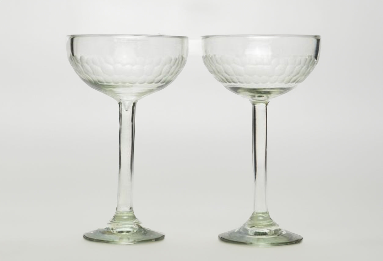 Handblown Etched Long Stemmed Cocktail Glass - Clear Set of 2