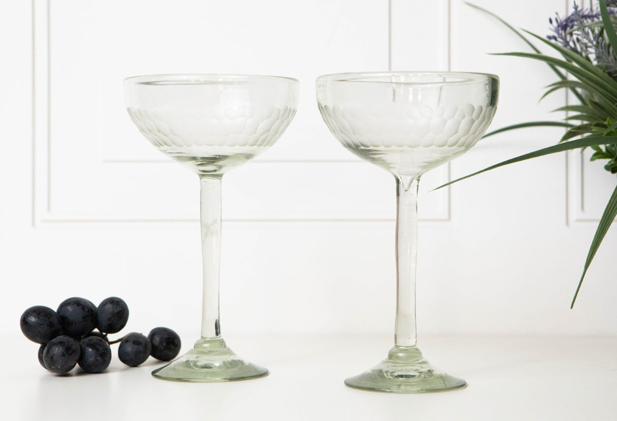 Handblown Etched Long Stemmed Cocktail Glass - Clear Set of 2