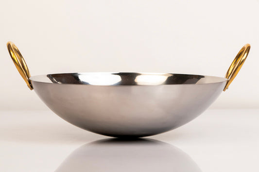 Indian Kadai Stainless Steel Wok with Brass Handles