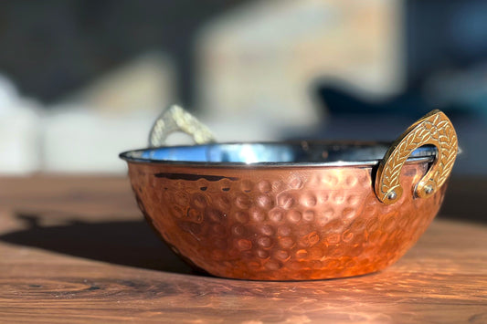 Indian Handi Serving Bowl - Hammered Copper Double Walled