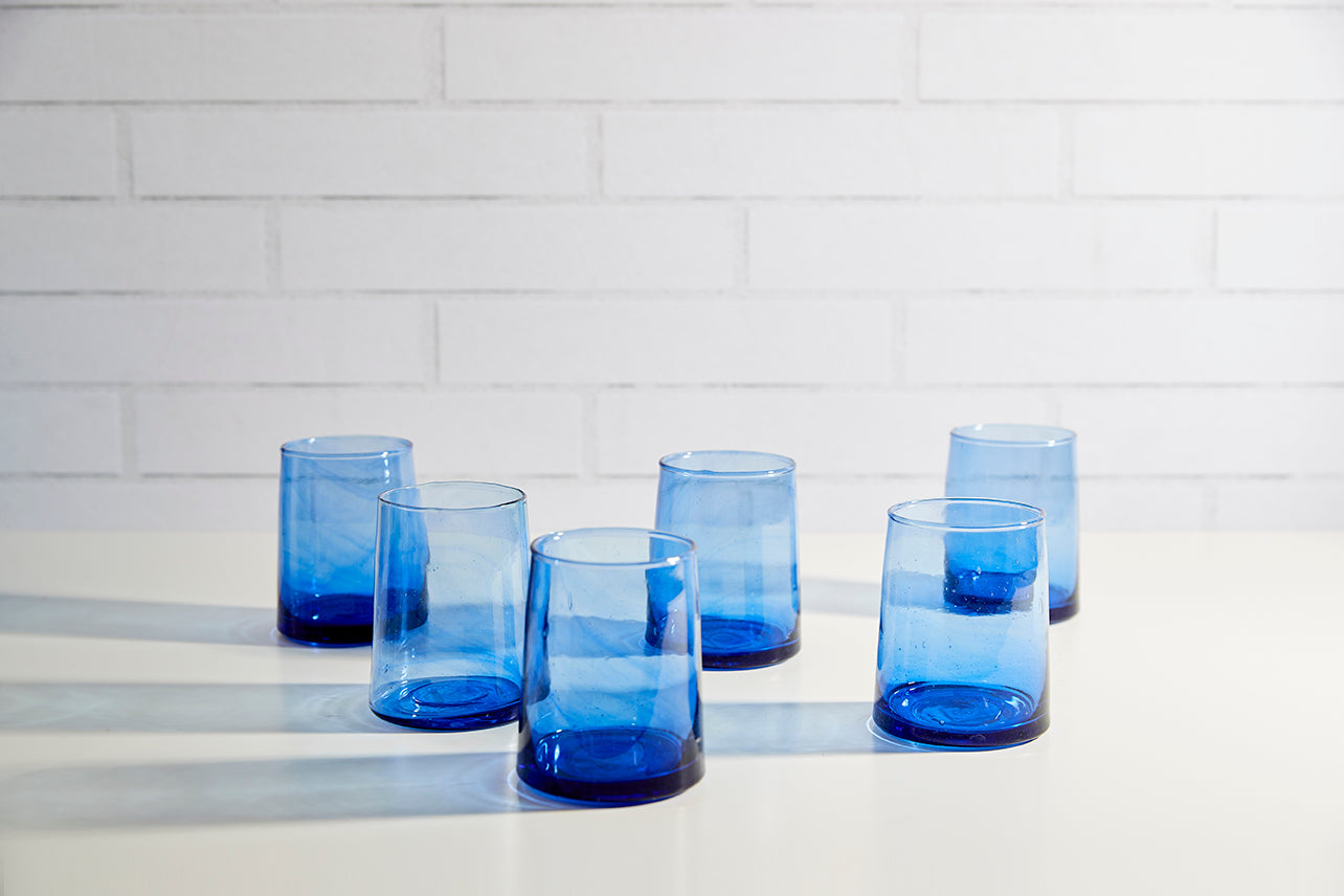 Hand Blown Mexican Glass Drinking Glasses, 6 Blue Band Heavy Glass
