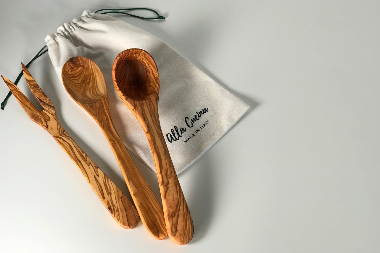 Olive Wood Cooking and Serving Utensils, Set of Five 12 inch Utensils