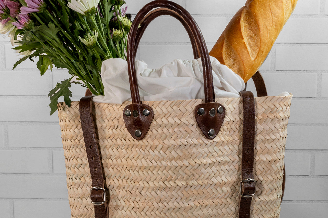  FRENCH BASKET with double flat leather handles, straw bag,  beach bag, basket bag, shopping basket, wicker basket with handle, straw  market basket : Handmade Products