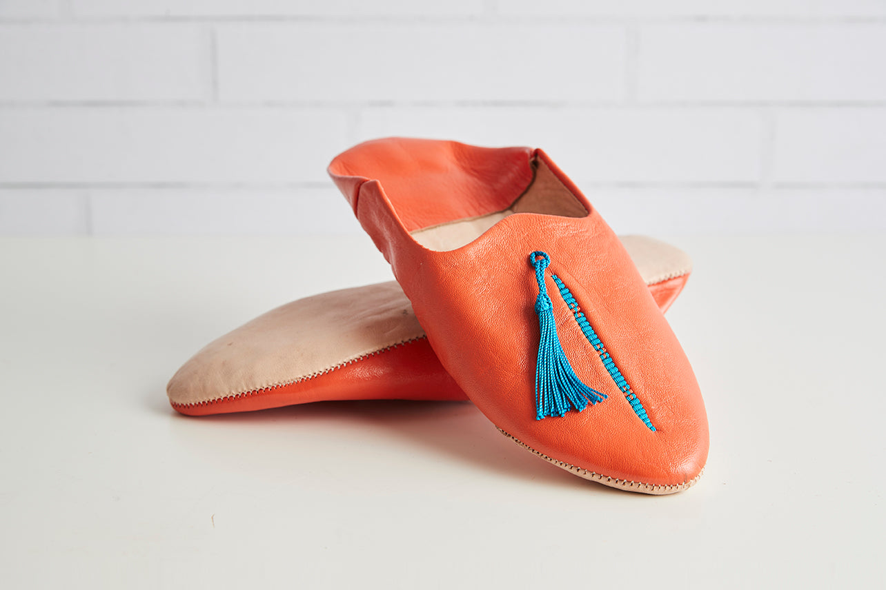 Moroccan Leather Slippers Women's Small (5.5-6.5) / Orange-Blue
